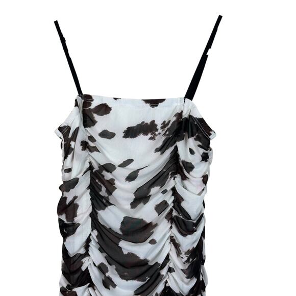 Forever 21 Mini Dress Size S White Brown Cow Print Mesh Ruched Bodycon Festival - Picture 2 of 4